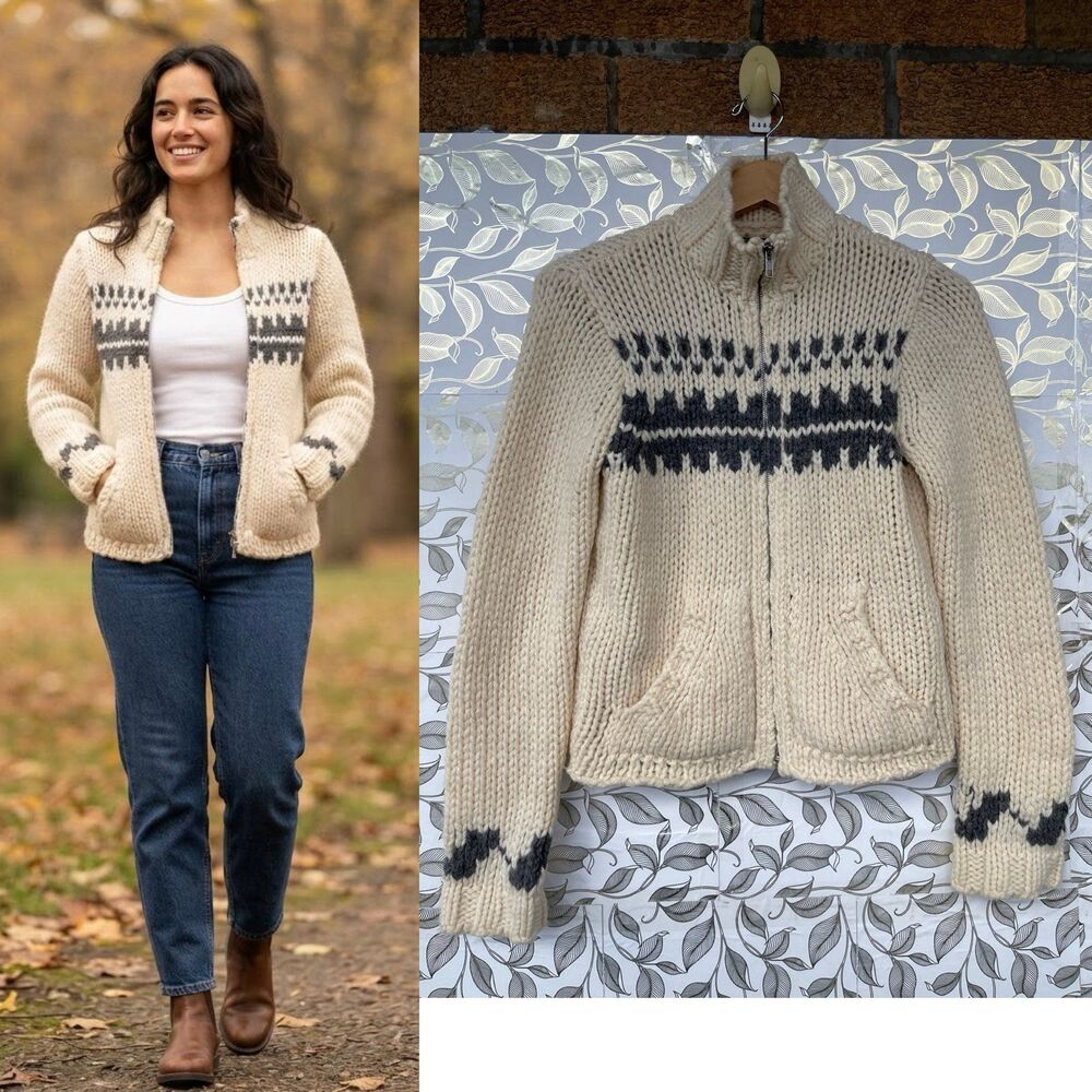 Abercrombie & Fitch 100% Wool Fair Isle Zip Cardigan Sweater M Vintage Cozy